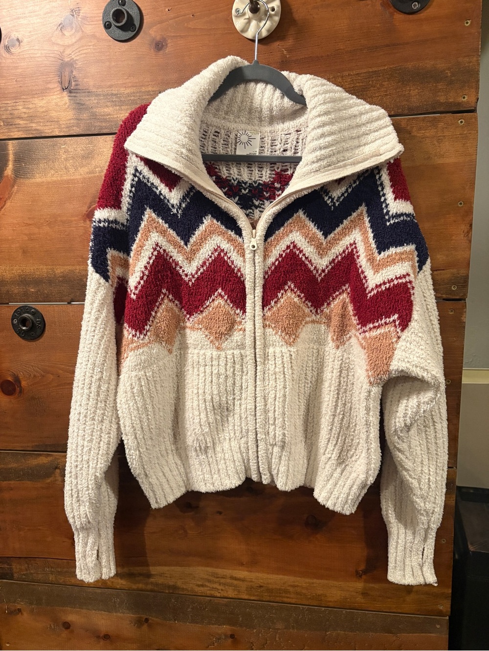 aerie Cream Zip Chevron Cardigan with Red, Navy & Tan Accents